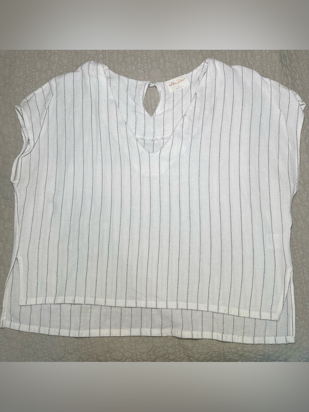 Allie Rose Striped V-Neck Blouse in White with Thin Black Stripes